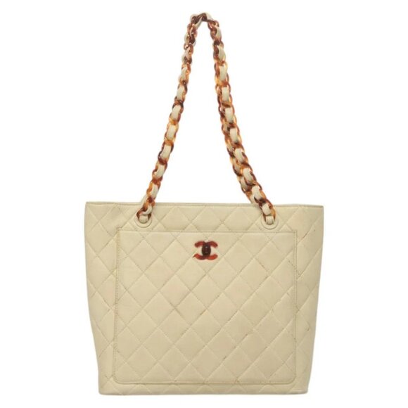 CHANEL Matelasse Chain Tote Bag Lamb Skin Beige CC Auth BD2075 - Picture 1 of 14